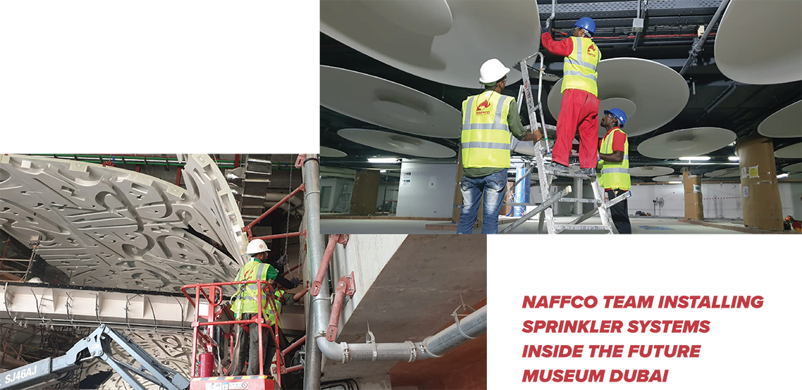 NAFFCO Team Installing Sprinkler Systems Inside the Future Museum Dubai